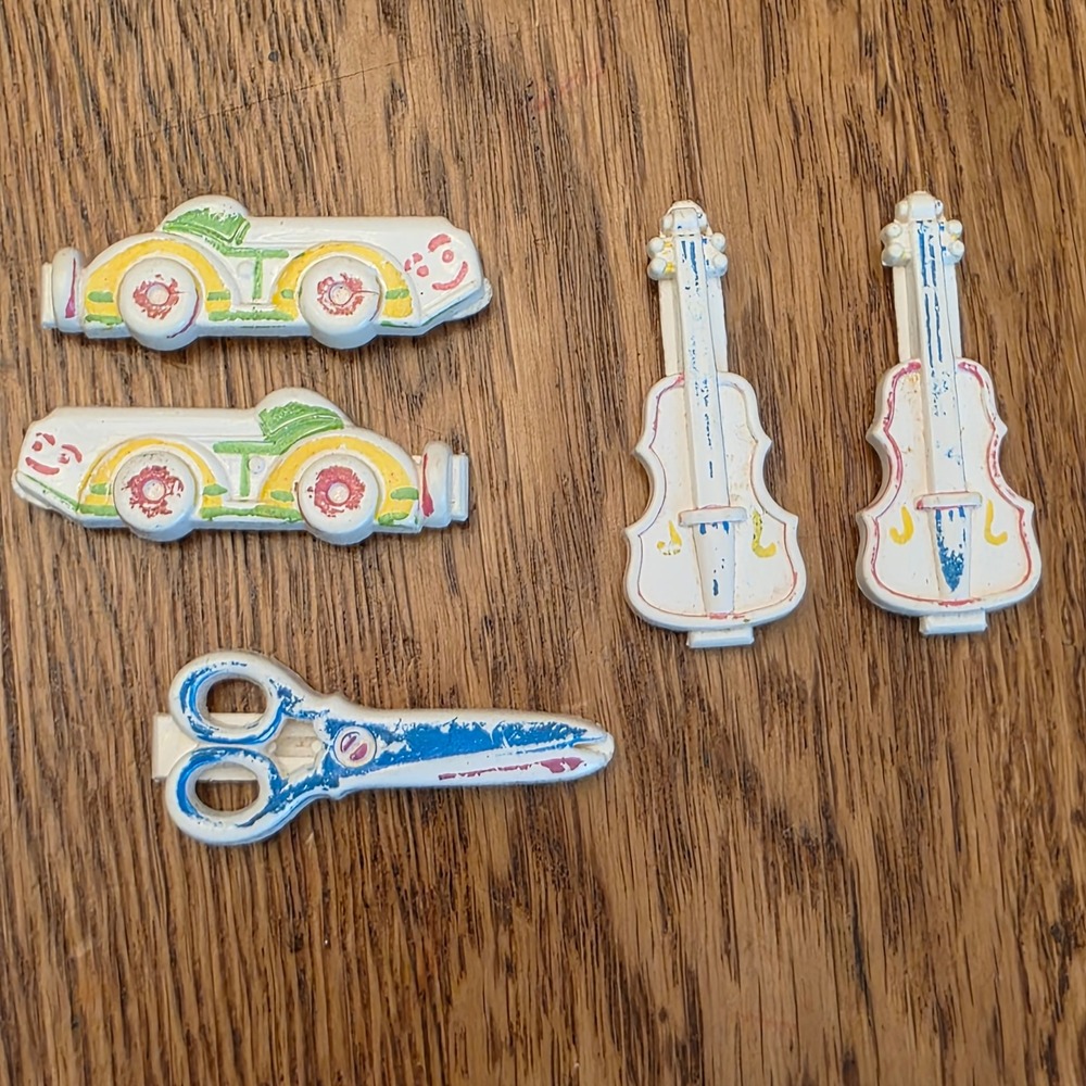 Vintage 70s 80s Goody Snap-Tight Kiddie Barrettes Lot Cars Violins Scissors 5pc